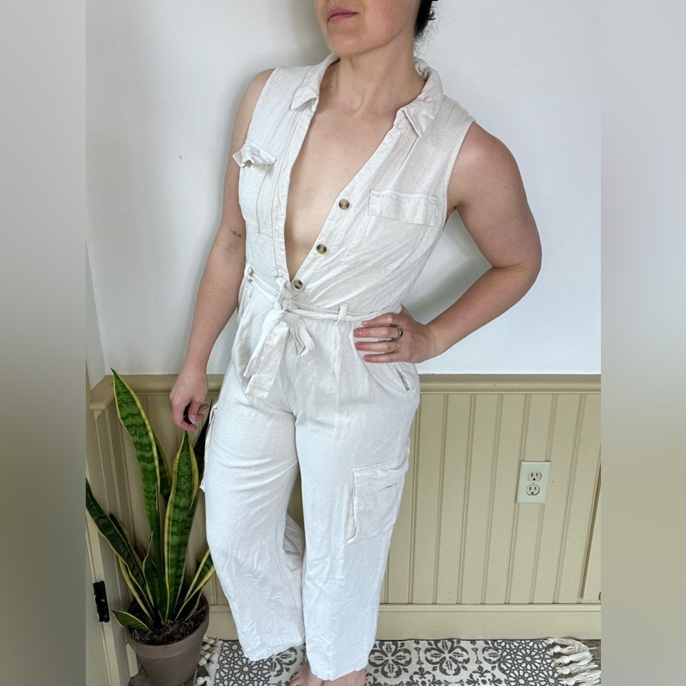 Monteau Los Angeles Jumpsuit Linen Blend Cream Button Front Women’s Sz L